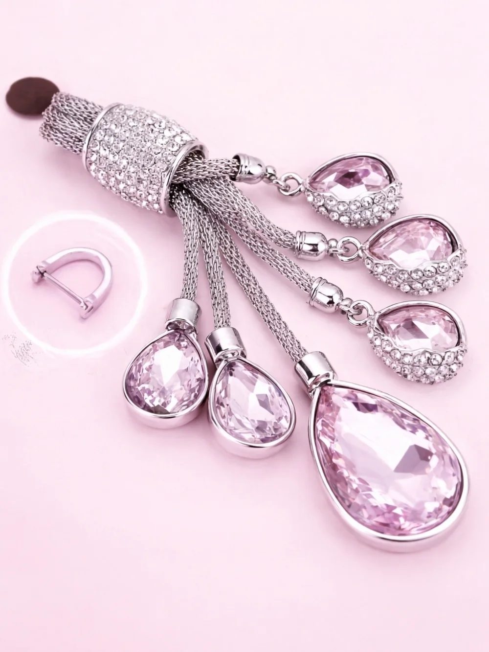 Pink Crystal Tassel Keychain with Rhinestones